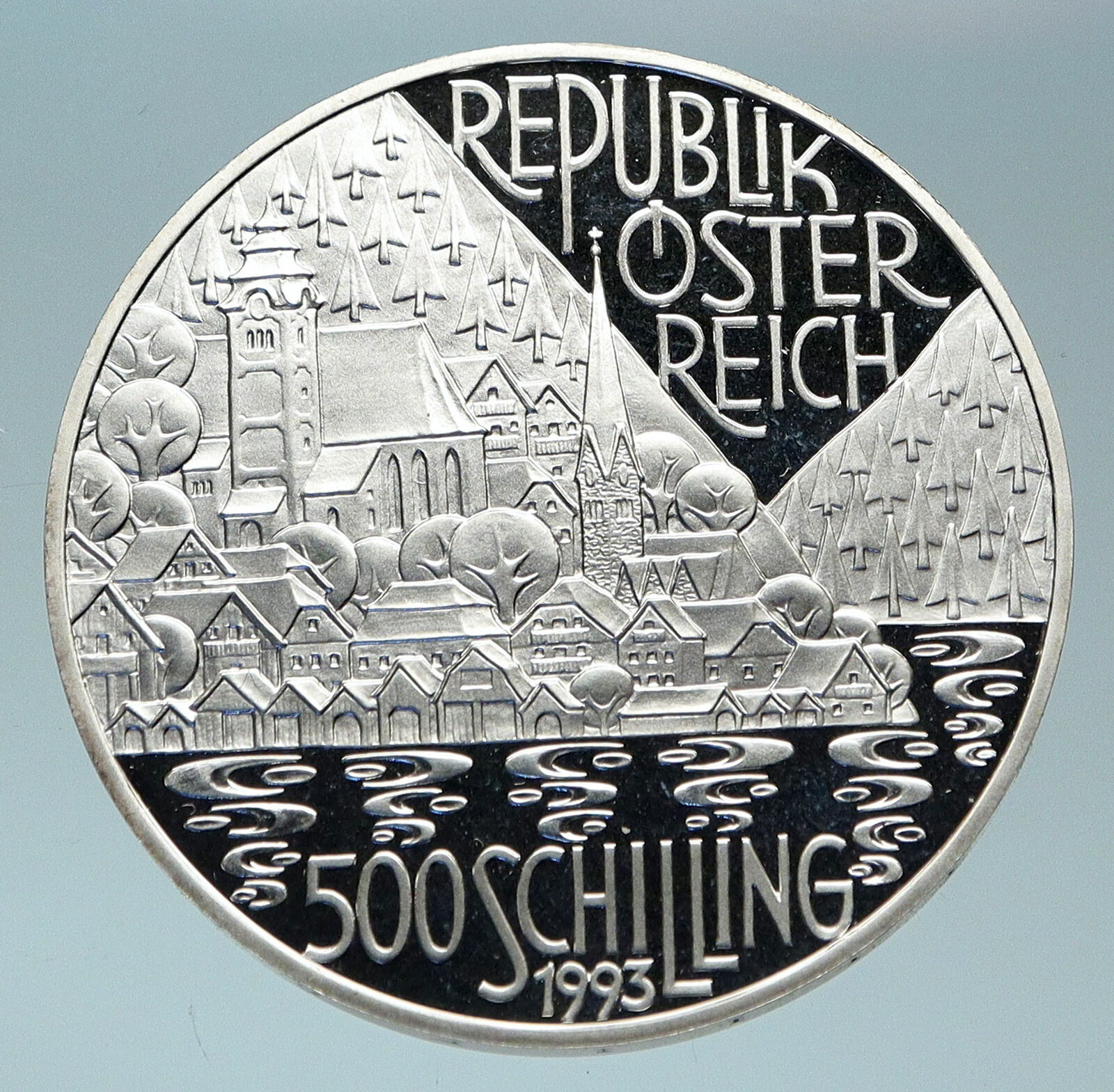 1993 AUSTRIA Hallstatt Town LAKE BOATS Proof Silver 500 Schilling Coin i84378