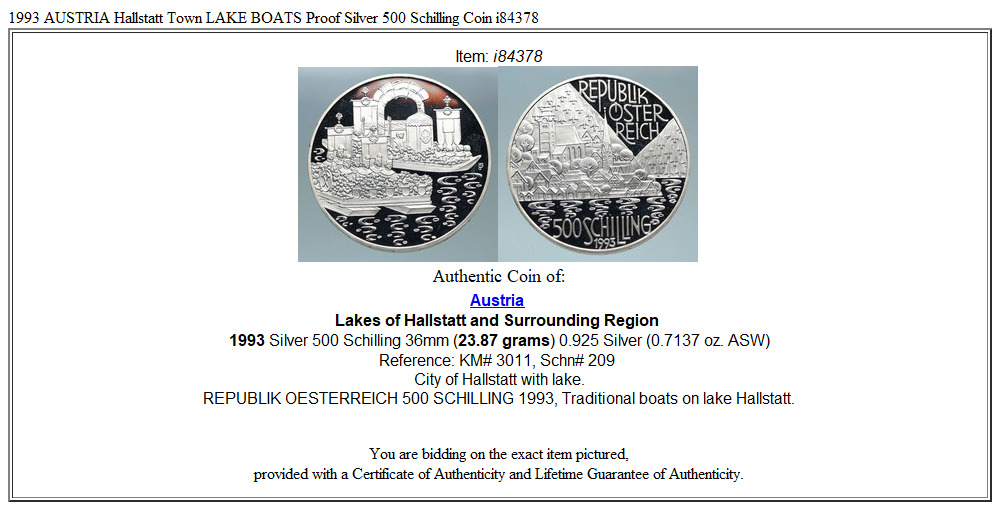 1993 AUSTRIA Hallstatt Town LAKE BOATS Proof Silver 500 Schilling Coin i84378