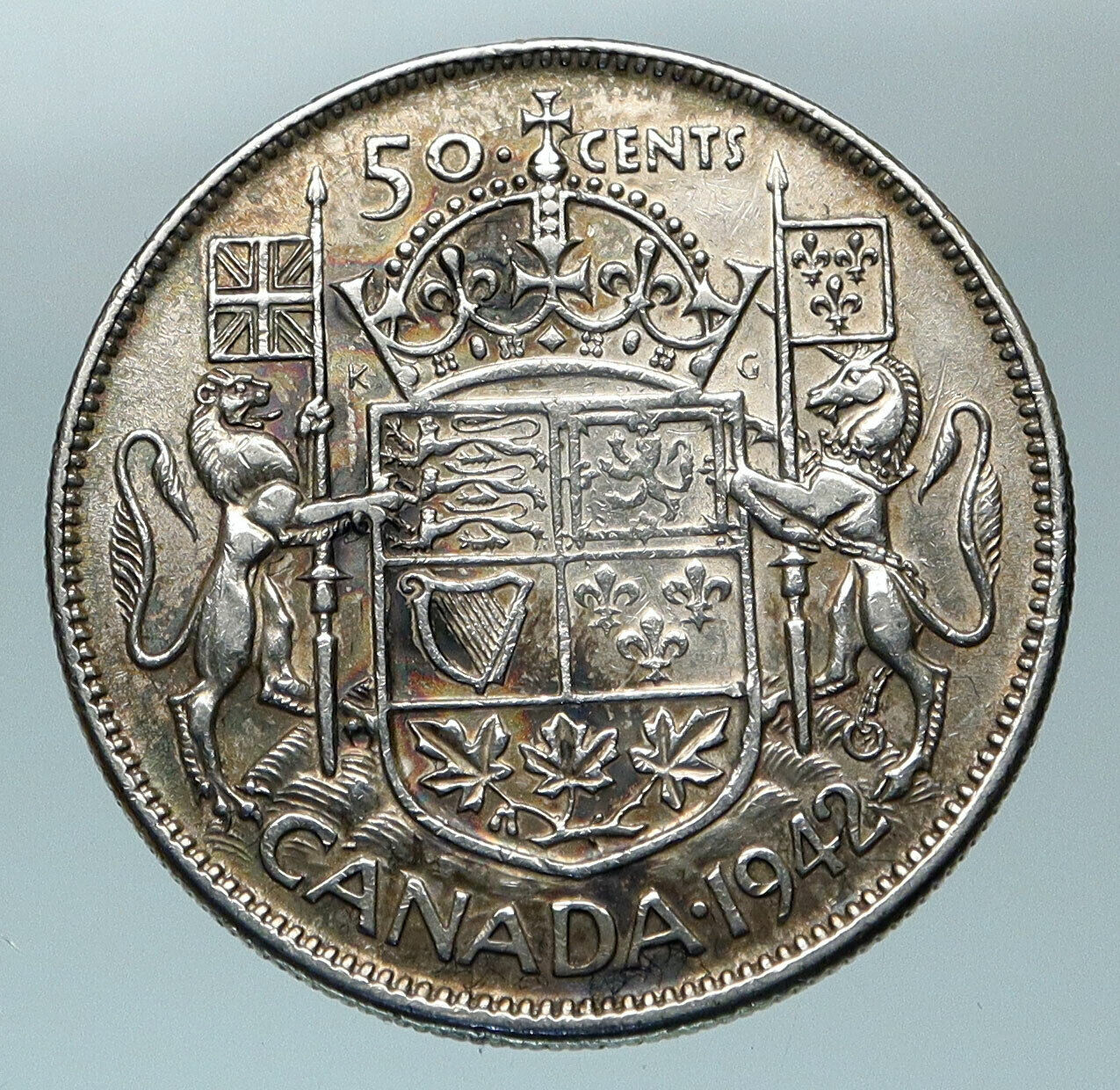 1942 CANADA WWII Time SILVER 50 Cents Coin UK King GEORGE VI Coat-of-Arms i84524