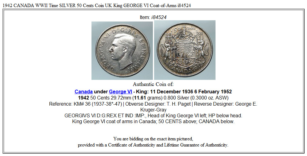 1942 CANADA WWII Time SILVER 50 Cents Coin UK King GEORGE VI Coat-of-Arms i84524