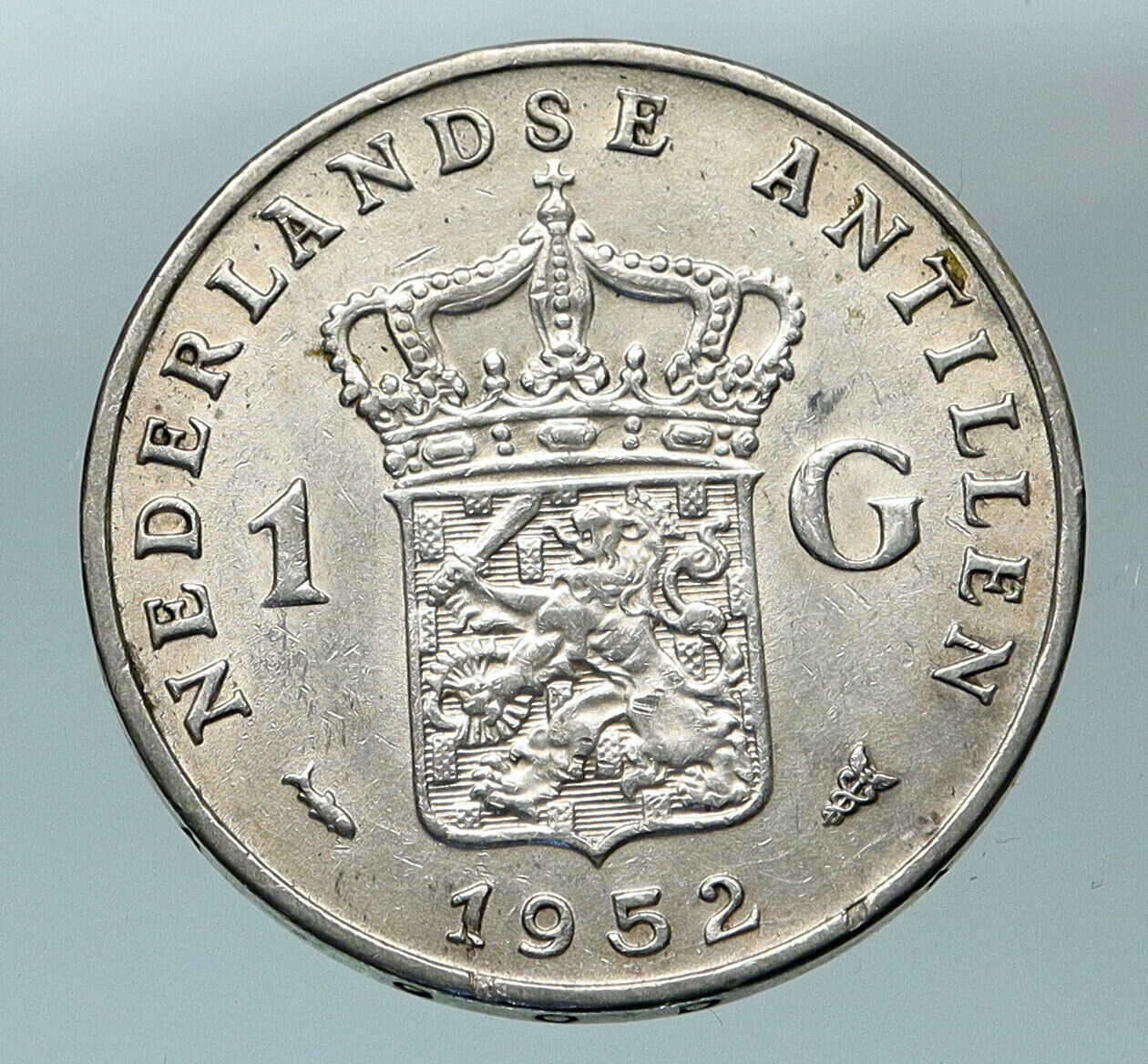 1952 NETHERLANDS ANTILLES Queen JULIANA Antique OLD SILVER Gulden Coin i84507