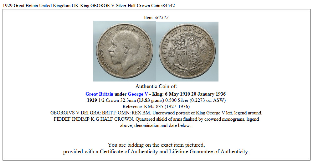 1929 Great Britain United Kingdom UK King GEORGE V Silver Half Crown Coin i84542