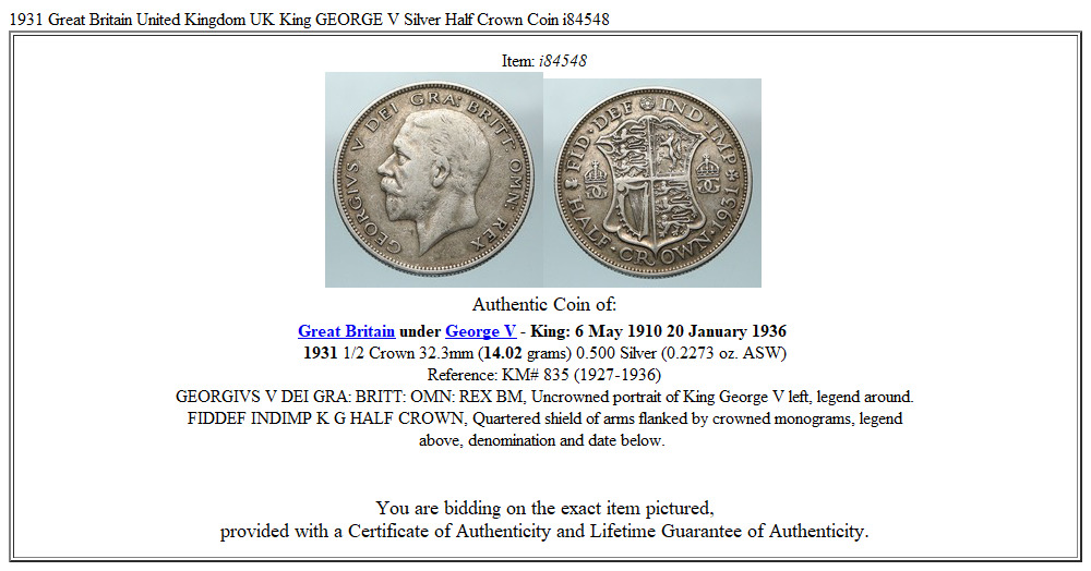 1931 Great Britain United Kingdom UK King GEORGE V Silver Half Crown Coin i84548