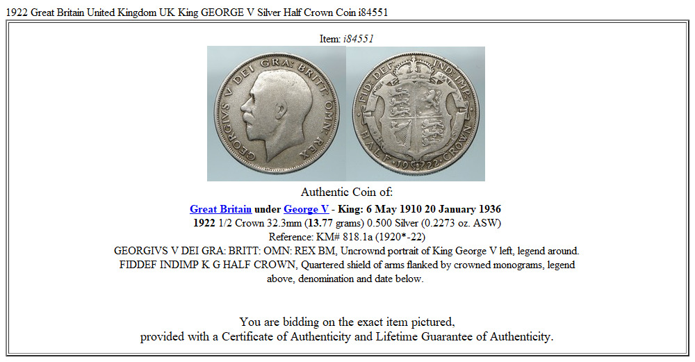 1922 Great Britain United Kingdom UK King GEORGE V Silver Half Crown Coin i84551