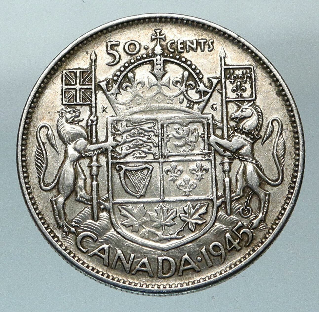 1945 CANADA WWII Time SILVER 50 Cents Coin UK King GEORGE VI Coat-of-Arms i84549