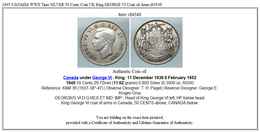 1945 CANADA WWII Time SILVER 50 Cents Coin UK King GEORGE VI Coat-of-Arms i84549