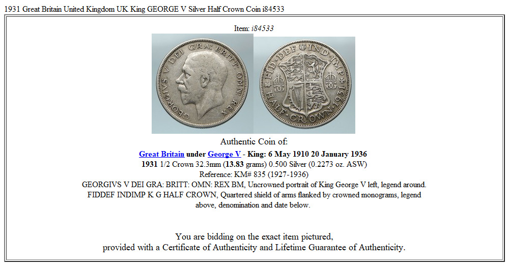 1931 Great Britain United Kingdom UK King GEORGE V Silver Half Crown Coin i84533