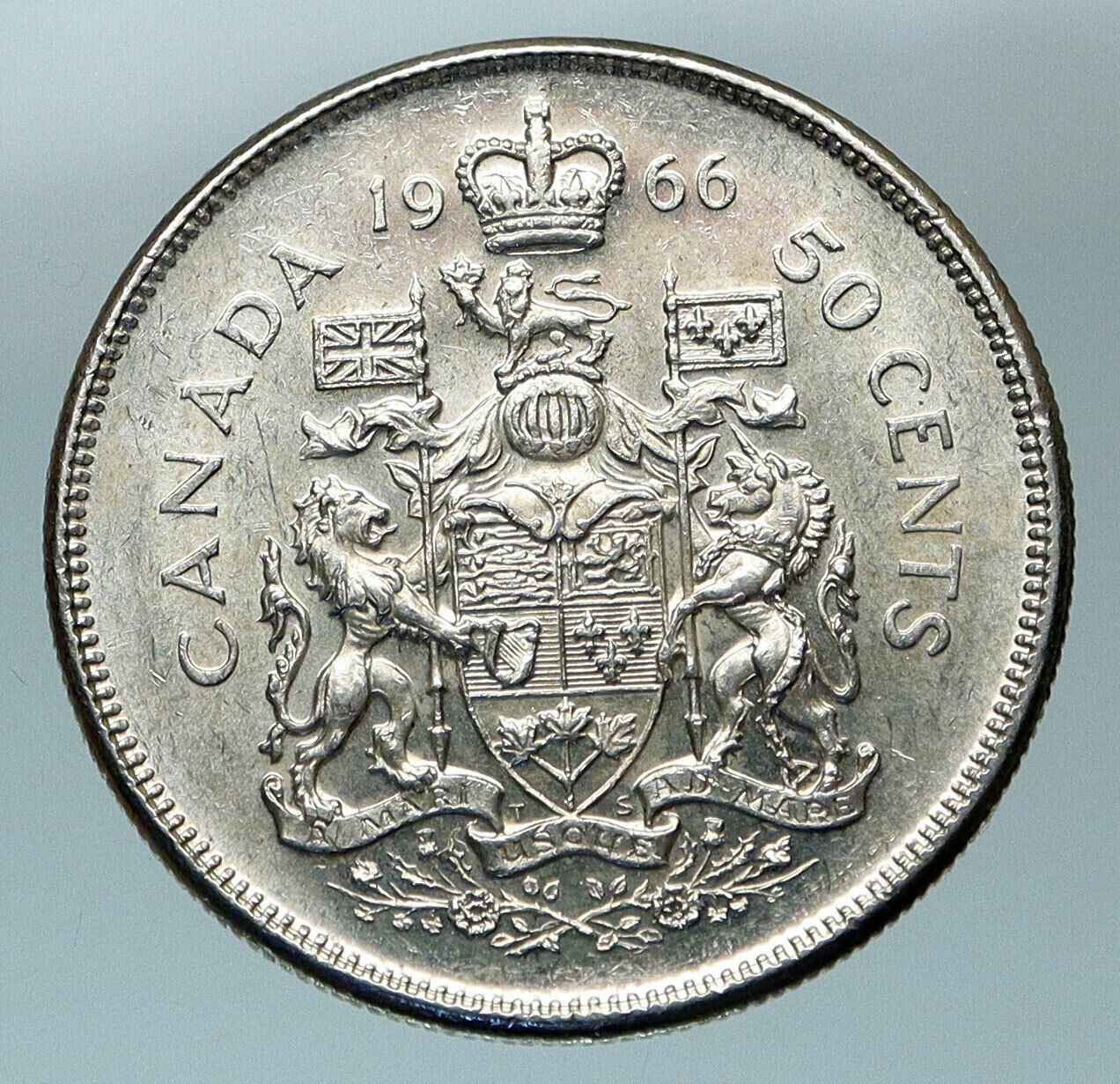 1966 CANADA UK Queen ELIZABETH II Unicorn Antique Silver 50 Cents Coin i84540