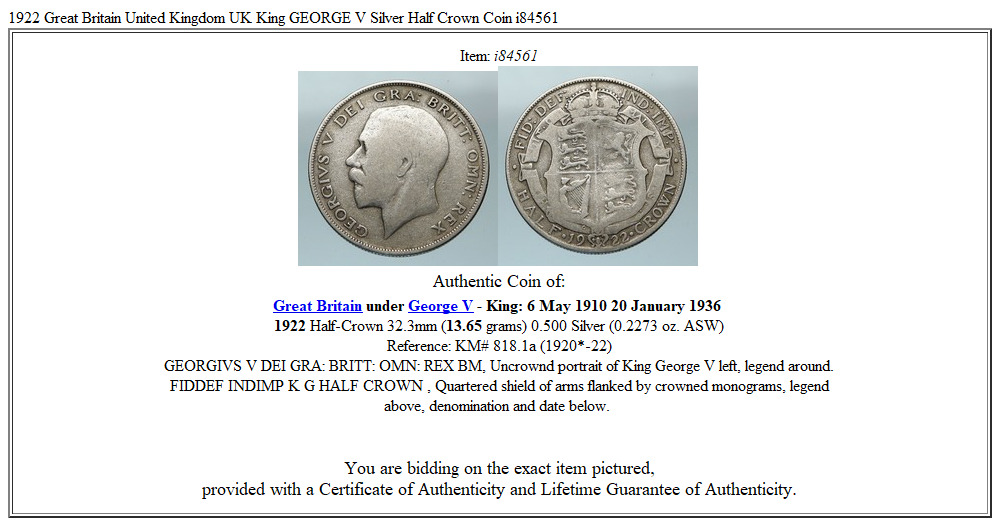 1922 Great Britain United Kingdom UK King GEORGE V Silver Half Crown Coin i84561