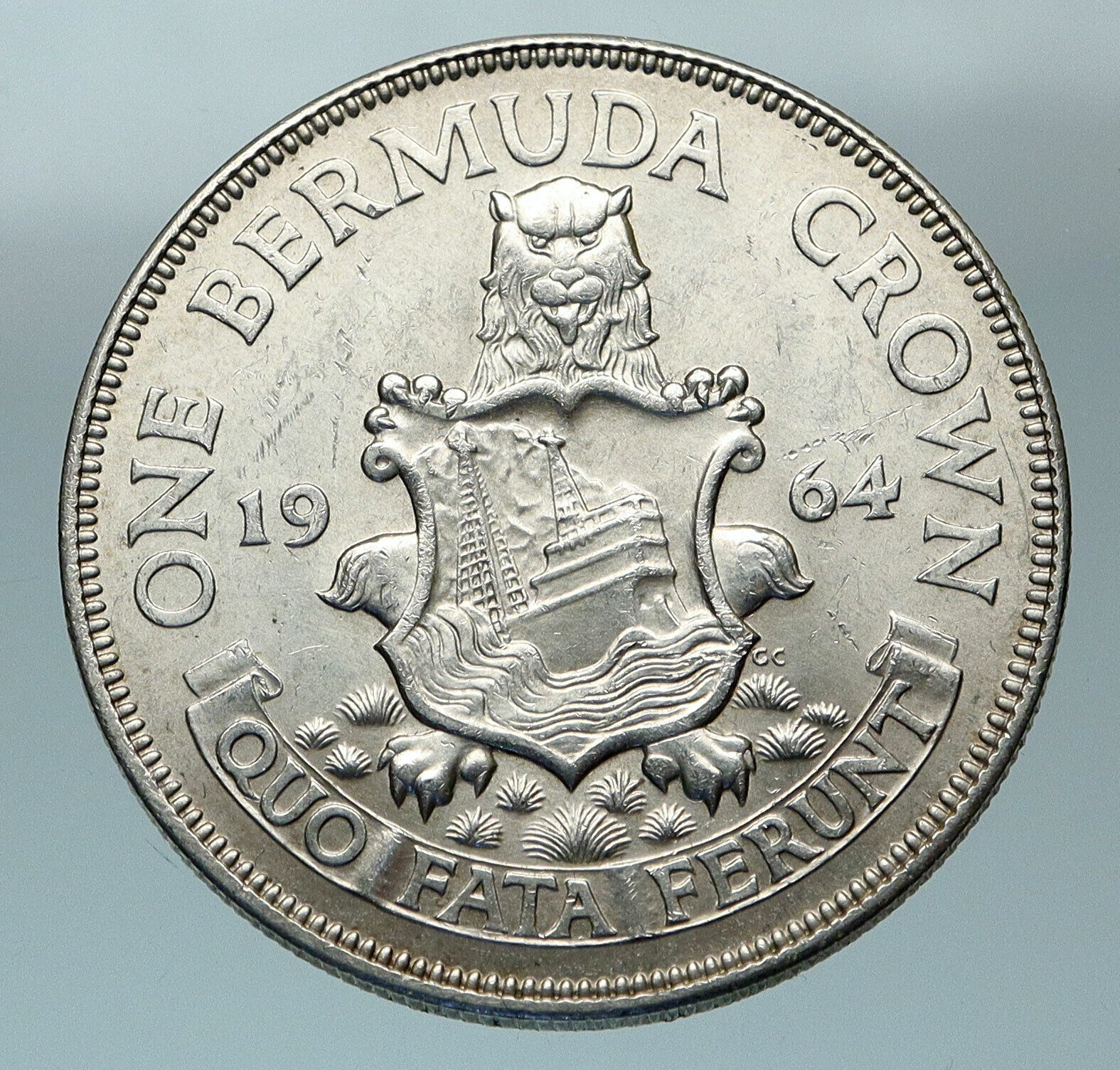1964 BERMUDA British Colony LARGE Elizabeth II Antique Silver Crown Coin i84531