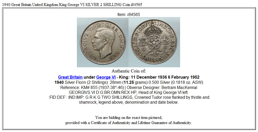 1940 Great Britain United Kingdom King George VI SILVER 2 SHILLING Coin i84565