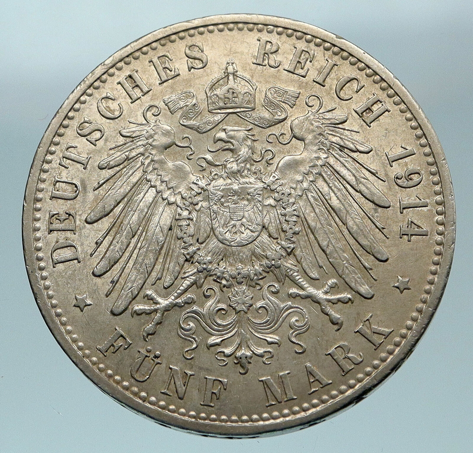 1914 GERMANY GERMAN STATES PRUSSIA WILHELM II Genuine Silver 5 Mark Coin i84630