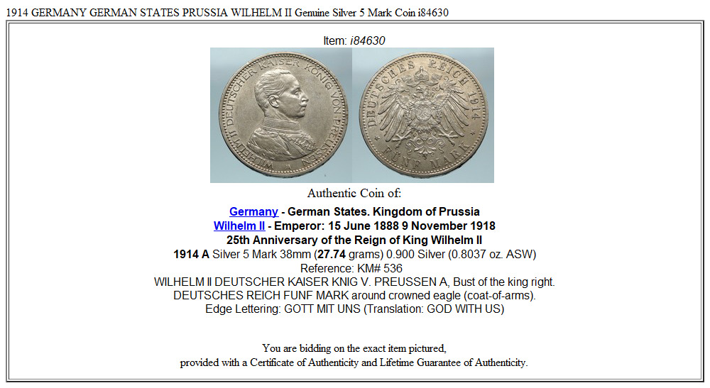 1914 GERMANY GERMAN STATES PRUSSIA WILHELM II Genuine Silver 5 Mark Coin i84630