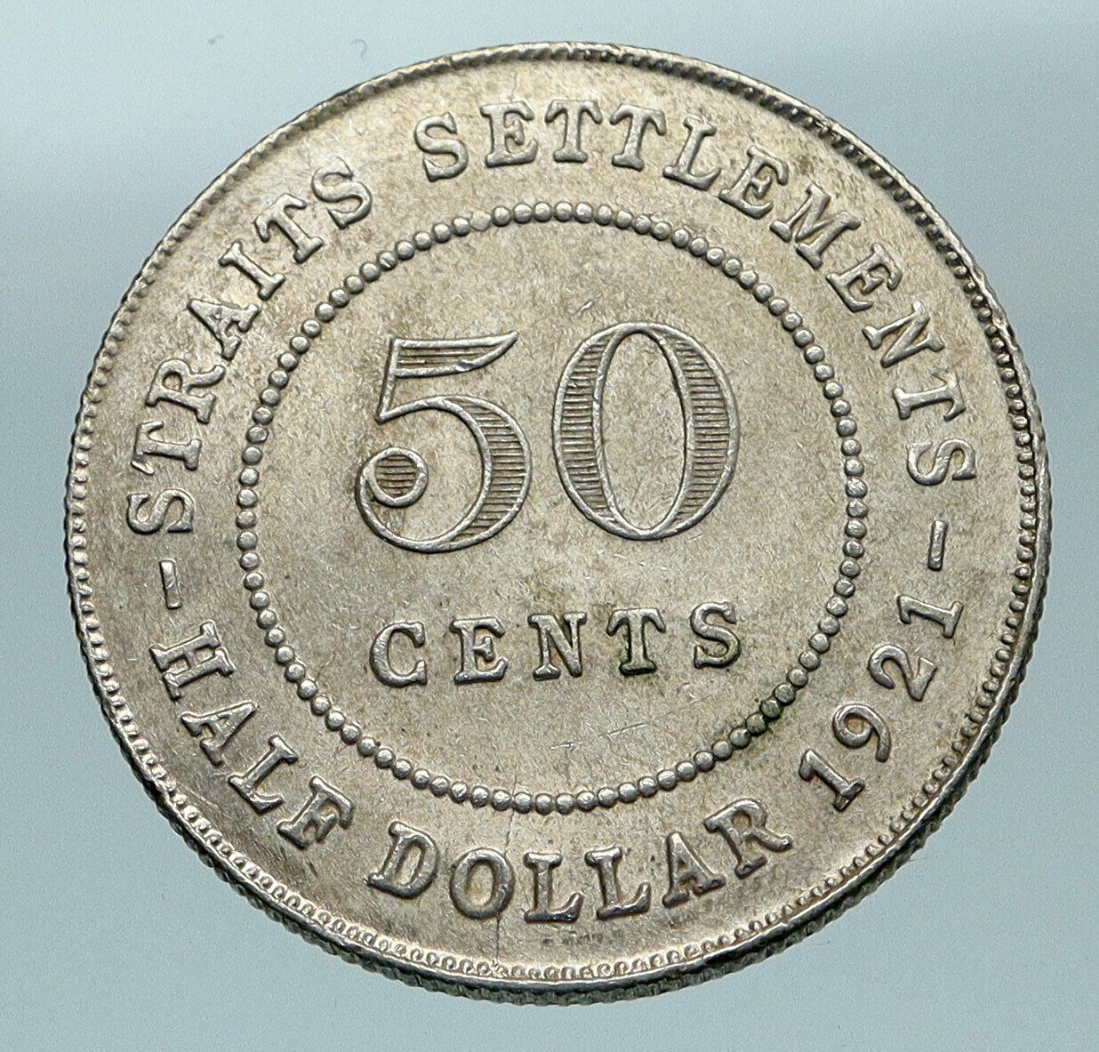 1921 STRAITS SETTLEMENTS UK King George V Vintage SILVER 50 CENTS Coin i84636