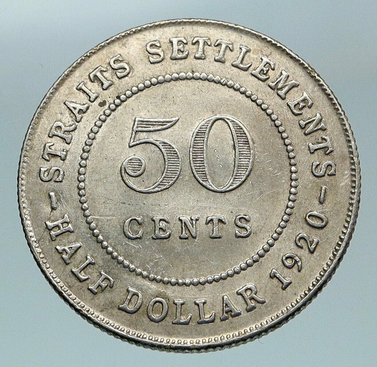 1920 STRAITS SETTLEMENTS UK King George V Genuine SILVER 50 CENTS Coin i84637