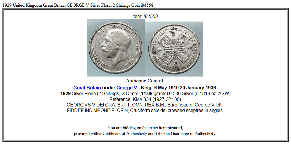 1929 United Kingdom Great Britain GEORGE V Silver Florin 2 Shillings Coin i84558