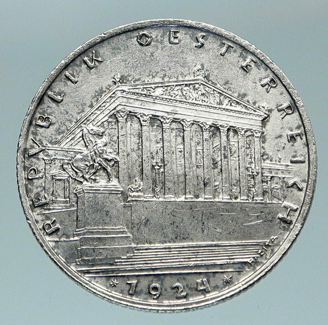 1924 AUSTRIA Parliament in Vienna Edelweiss Antique Silver Shilling Coin i84631