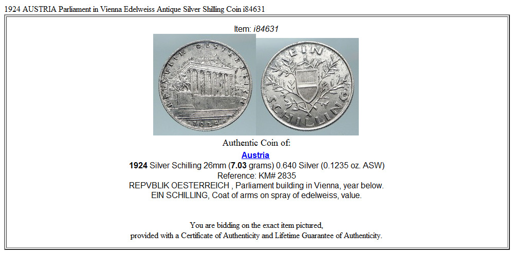 1924 AUSTRIA Parliament in Vienna Edelweiss Antique Silver Shilling Coin i84631