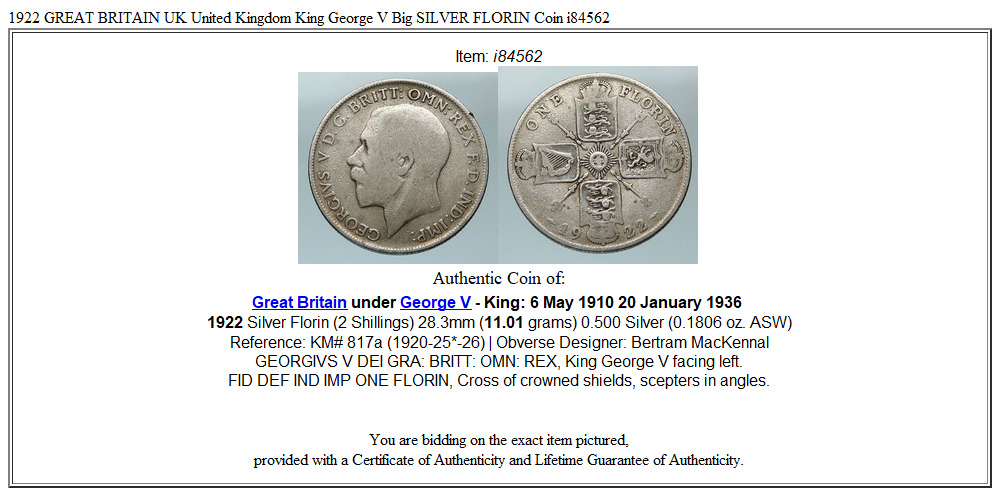 1922 GREAT BRITAIN UK United Kingdom King George V Big SILVER FLORIN Coin i84562