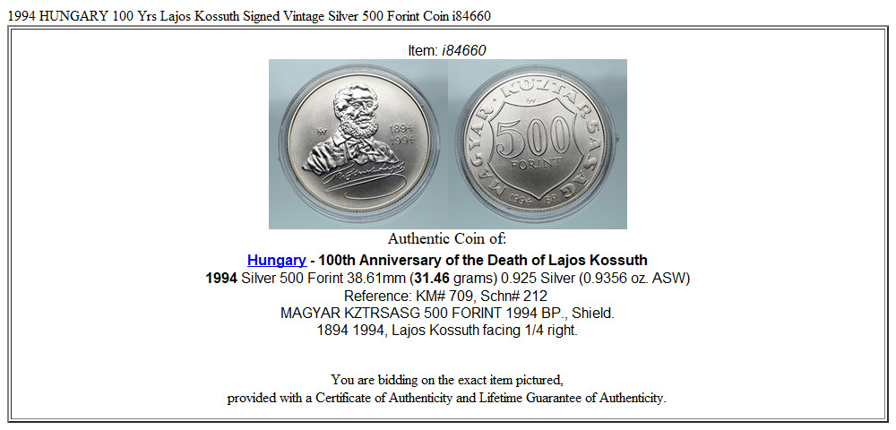 1994 HUNGARY 100 Yrs Lajos Kossuth Signed Vintage Silver 500 Forint Coin i84660