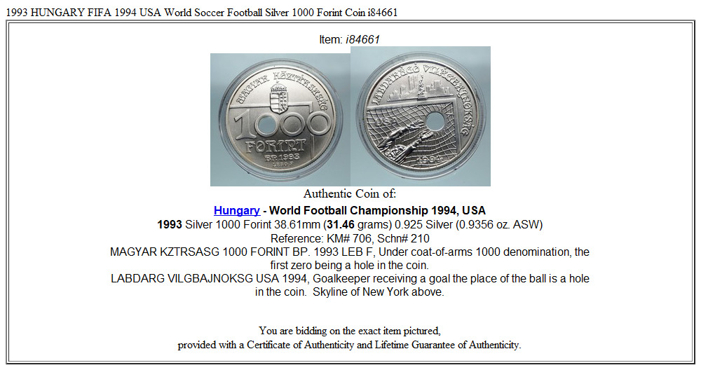 1993 HUNGARY FIFA 1994 USA World Soccer Football Silver 1000 Forint Coin i84661