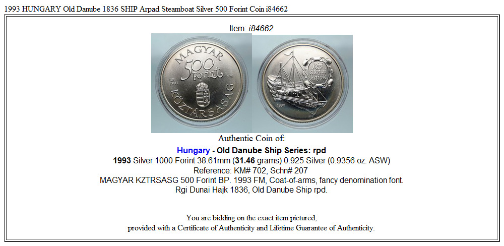 1993 HUNGARY Old Danube 1836 SHIP Arpad Steamboat Silver 500 Forint Coin i84662