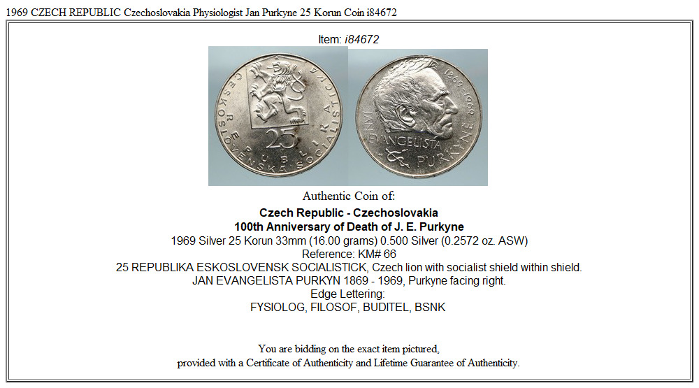 1969 CZECH REPUBLIC Czechoslovakia Physiologist Jan Purkyne 25 Korun Coin i84672