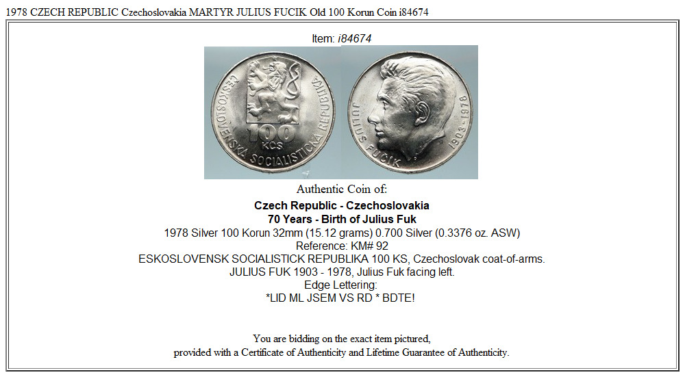 1978 CZECH REPUBLIC Czechoslovakia MARTYR JULIUS FUCIK Old 100 Korun Coin i84674