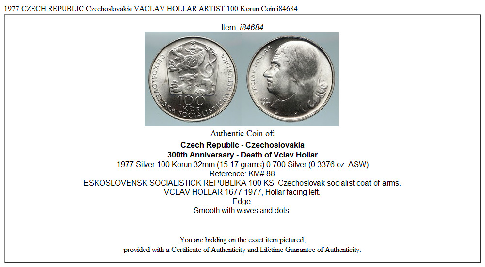 1977 CZECH REPUBLIC Czechoslovakia VACLAV HOLLAR ARTIST 100 Korun Coin i84684