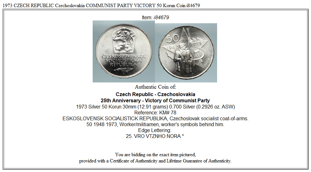 1973 CZECH REPUBLIC Czechoslovakia COMMUNIST PARTY VICTORY 50 Korun Coin i84679