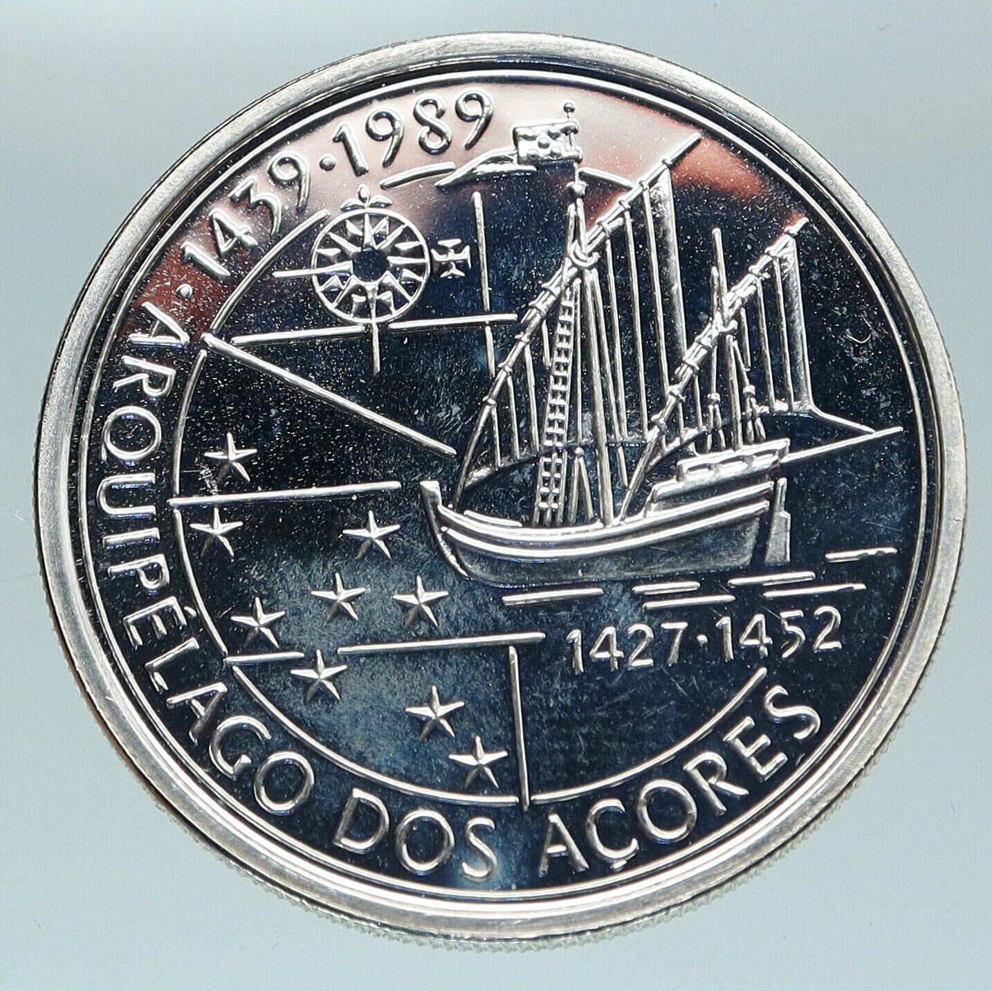 1989 PORTUGAL 550 Years Discover of Azores OLD Proof Silver 100 Esc Coin i84685