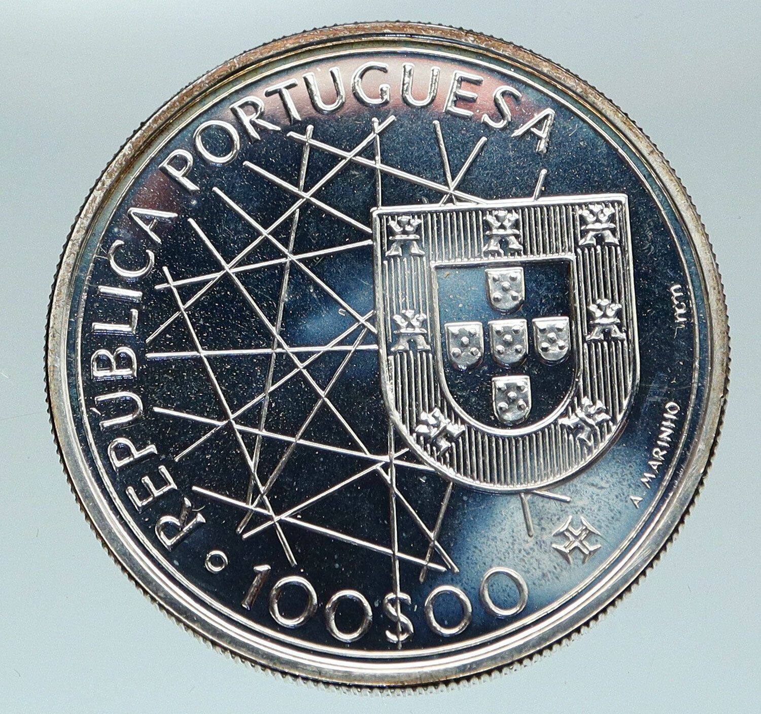 1989 PORTUGAL 550 Years Discover of Azores OLD Proof Silver 100 Esc Coin i84685