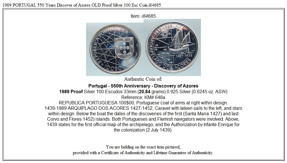 1989 PORTUGAL 550 Years Discover of Azores OLD Proof Silver 100 Esc Coin i84685