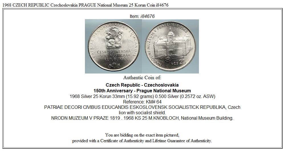 1968 CZECH REPUBLIC Czechoslovakia PRAGUE National Museum 25 Korun Coin i84676