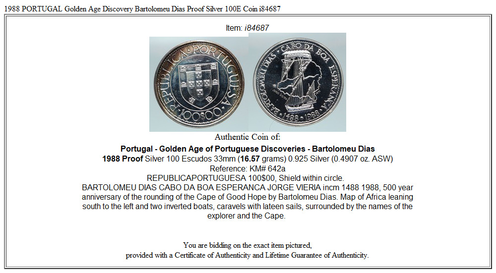 1988 PORTUGAL Golden Age Discovery Bartolomeu Dias Proof Silver 100E Coin i84687