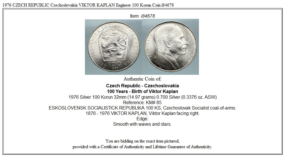 1976 CZECH REPUBLIC Czechoslovakia VIKTOR KAPLAN Engineer 100 Korun Coin i84678