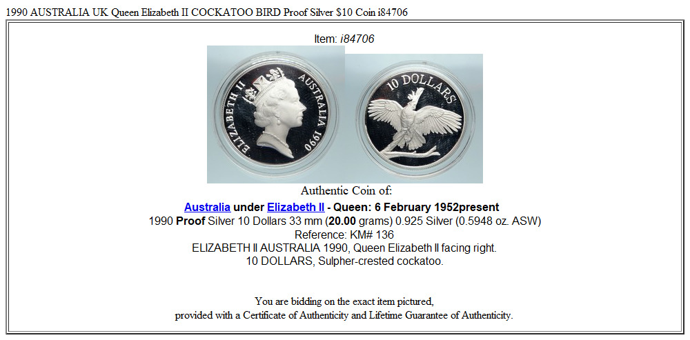 1990 AUSTRALIA UK Queen Elizabeth II COCKATOO BIRD Proof Silver $10 Coin i84706