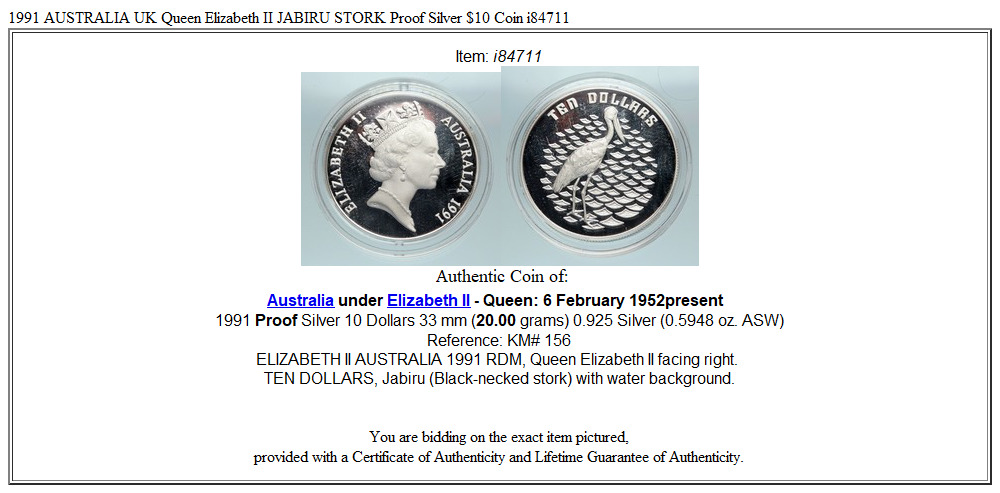 1991 AUSTRALIA UK Queen Elizabeth II JABIRU STORK Proof Silver $10 Coin i84711