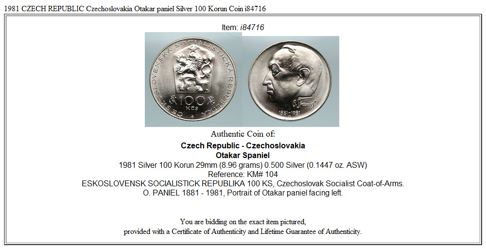 1981 CZECH REPUBLIC Czechoslovakia Otakar Španiel Silver 100 Korun Coin i84716