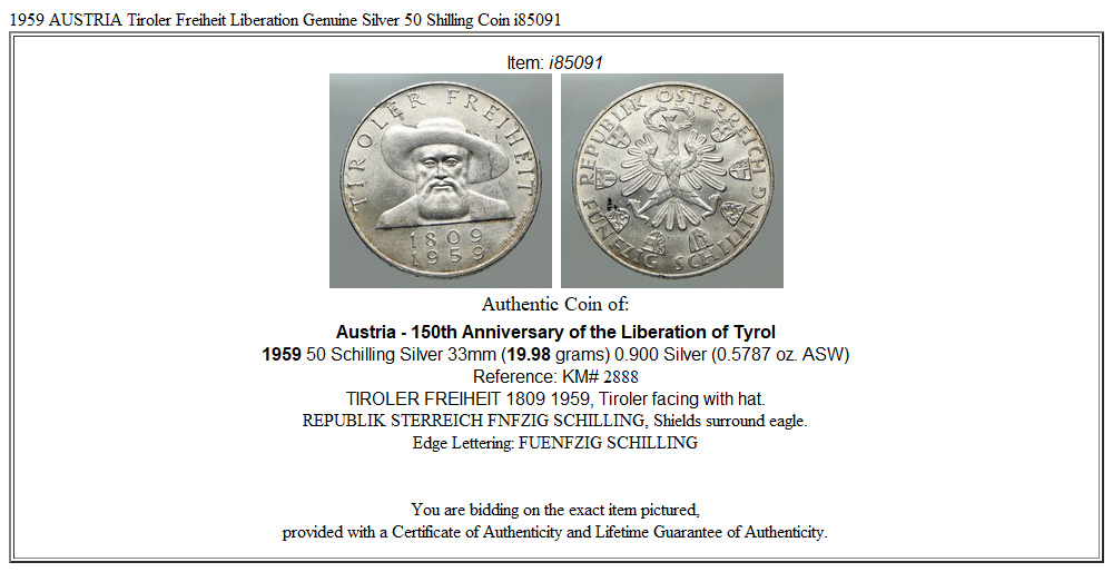 1959 AUSTRIA Tiroler Freiheit Liberation Genuine Silver 50 Shilling Coin i85091