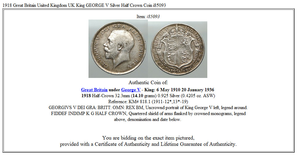 1918 Great Britain United Kingdom UK King GEORGE V Silver Half Crown Coin i85093