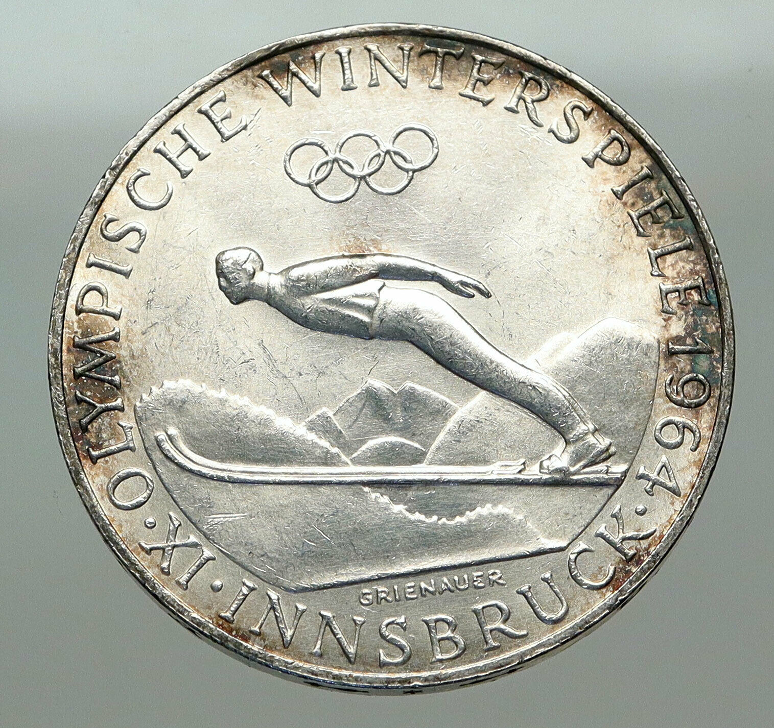 1964 AUSTRIA Innsbruck Winter Olympic Games SKIING OLD Silver 50Shlg Coin i85099