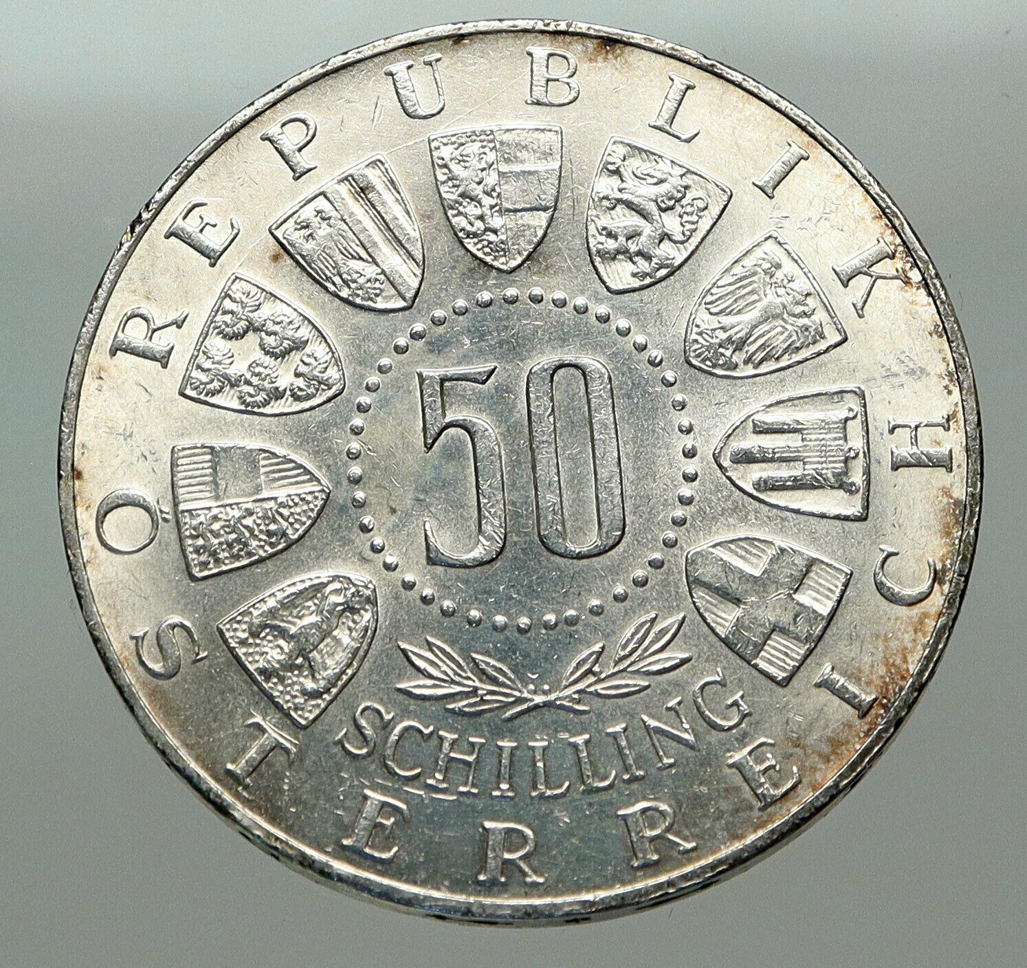 1964 AUSTRIA Innsbruck Winter Olympic Games SKIING OLD Silver 50Shlg Coin i85099