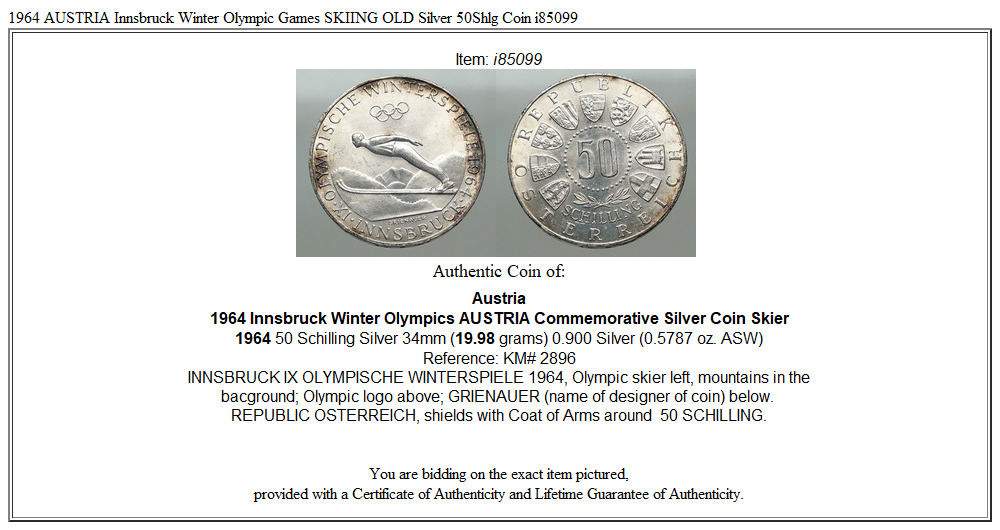 1964 AUSTRIA Innsbruck Winter Olympic Games SKIING OLD Silver 50Shlg Coin i85099