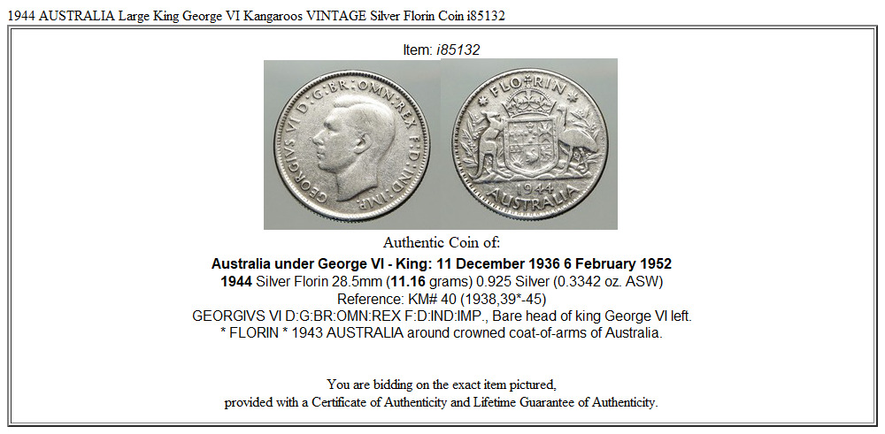 1944 AUSTRALIA Large King George VI Kangaroos VINTAGE Silver Florin Coin i85132