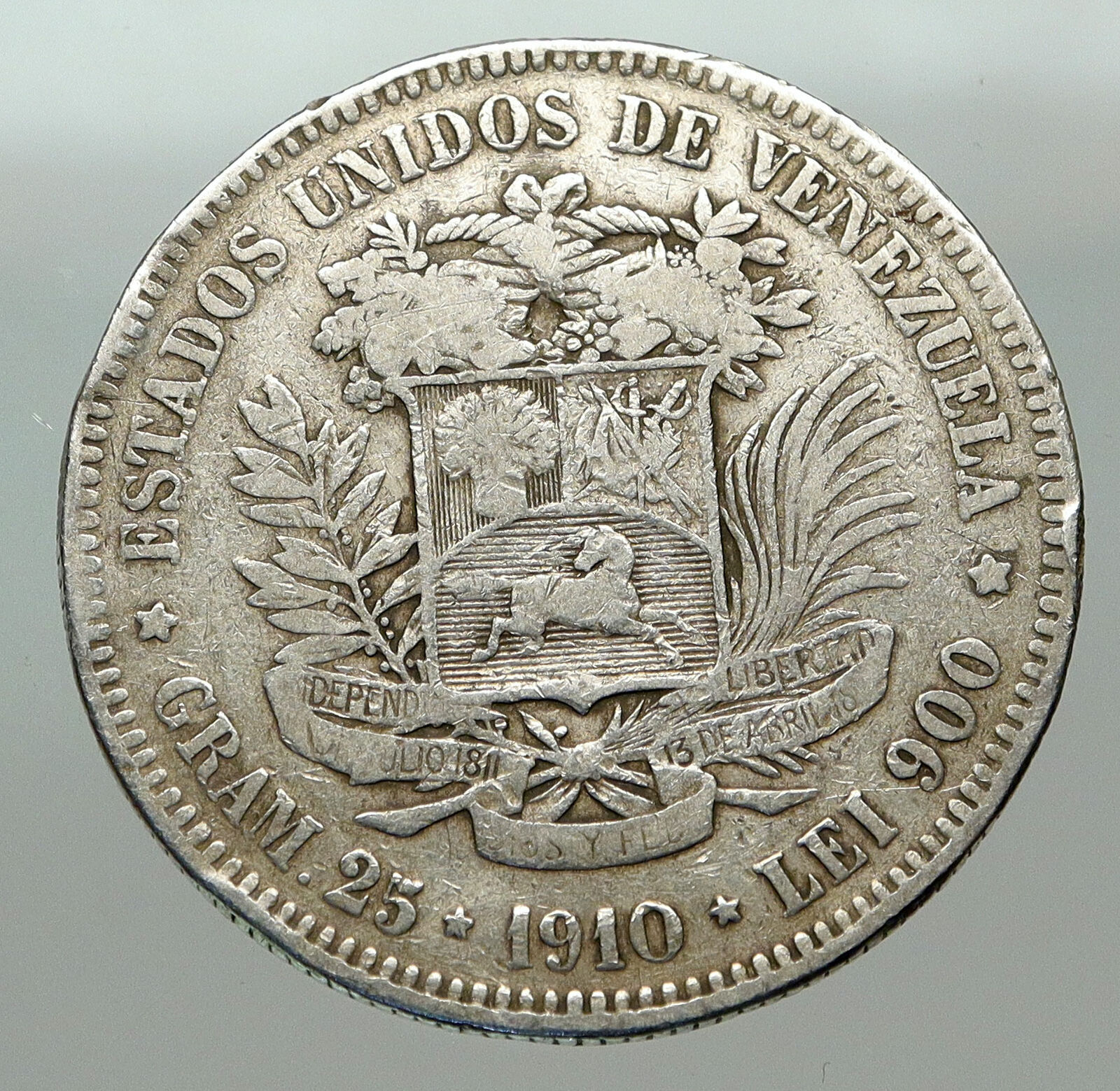 1910 Freemason President Simon Bolivar VENEZUELA Founder Silver 5 B Coin i85097