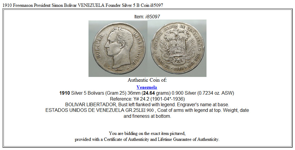 1910 Freemason President Simon Bolivar VENEZUELA Founder Silver 5 B Coin i85097