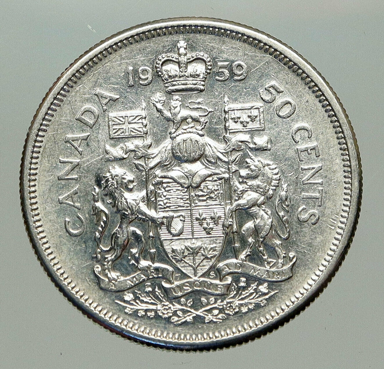 1959 CANADA Queen Elizabeth II Arms Crown VINTAGE SILVER 50 Cents Coin i85130