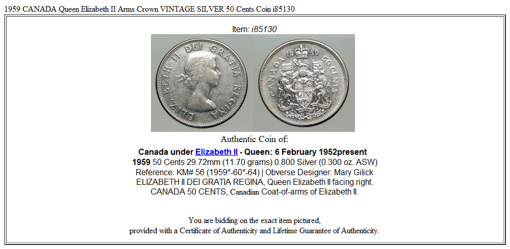 1959 CANADA Queen Elizabeth II Arms Crown VINTAGE SILVER 50 Cents Coin i85130