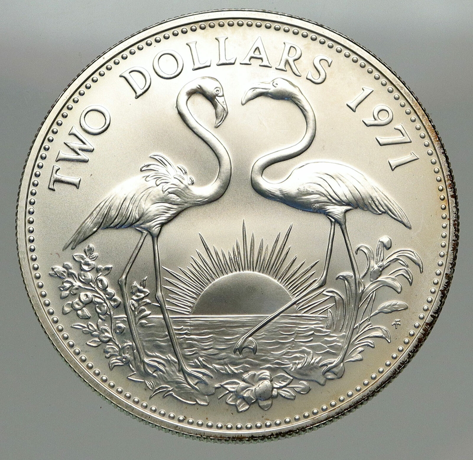 1971 The BAHAMAS SILVER 2 Dollars Large Coin Elizabeth II FLAMINGO Birds i85125